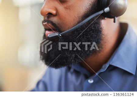 Business man, mouth and call center, consultant or advisor talking, virtual communication or technical support. Insurance agent or person speaking on headphones, helping and customer service closeup Business man, mouth and call center, consultant or advisor talking, virtual communication or technical support. Insurance agent or person speaking on headphones, helping and customer service closeup 136361124