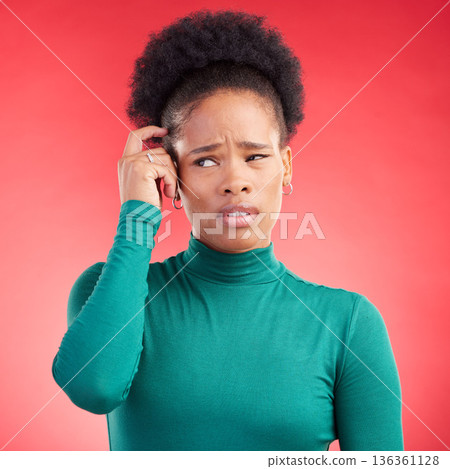 Confused, thinking and black woman scratching head in studio with choice or decision on red background. Question, why and African lady person with doubt, emoji or idea, solution or problem solving Confused, thinking and black woman scratching head in studio with choice or decision on red background. Question, why and African lady person with doubt, emoji or idea, solution or problem solving 136361128