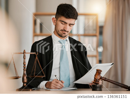 Attorney man, scales and hammer with writing, documents and notes for reading, thinking and crime analysis. Advocate, lawyer or judge with legal research, paperwork and analytics for court evidence Attorney man, scales and hammer with writing, documents and notes for reading, thinking and crime analysis. Advocate, lawyer or judge with legal research, paperwork and analytics for court evidence 136361151