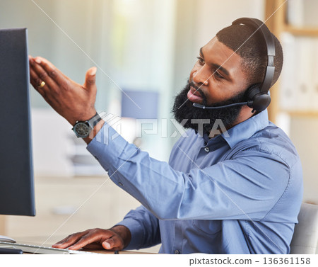 Call center, customer support and frustrated black man on computer for network error, mistake and problem. Telemarketing, business and male consultant online for communication, crm help and contact Call center, customer support and frustrated black man on computer for network error, mistake and problem. Telemarketing, business and male consultant online for communication, crm help and contact 136361158
