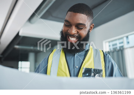 Engineering, man and blueprint paper for planning office building, design renovation and sketch development. Architecture, floor plan and happy contractor or construction worker for property project 136361199