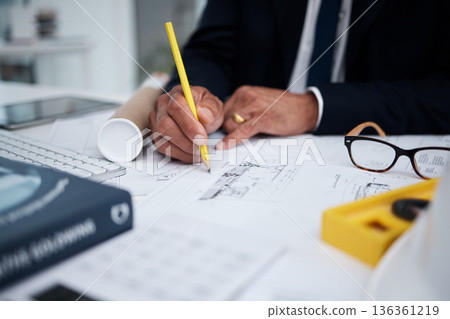 Hands, architecture and pencil for drawing blueprint, project illustration or engineering process. Closeup, designer and man planning documents, floor plan and papers to sketch scale of renovation 136361219