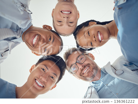 Portrait, teamwork or doctors in huddle with a happy smile collaboration for healthcare goals together. Diversity, success or low angle of medical nurses with group support, motivation or mission Portrait, teamwork or doctors in huddle with a happy smile collaboration for healthcare goals together. Diversity, success or low angle of medical nurses with group support, motivation or mission 136361222