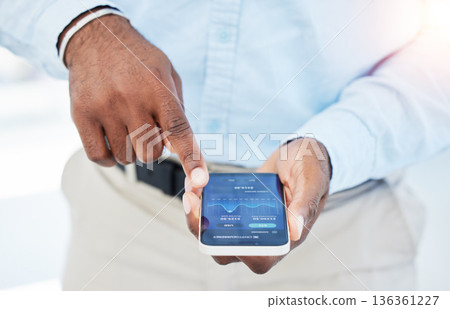 Hands, phone or businessman trading on stock market, fintech app or cryptocurrency website in office. Screen, data analysis closeup or financial trader checking online for savings investment growth Hands, phone or businessman trading on stock market, fintech app or cryptocurrency website in office. Screen, data analysis closeup or financial trader checking online for savings investment growth 136361227