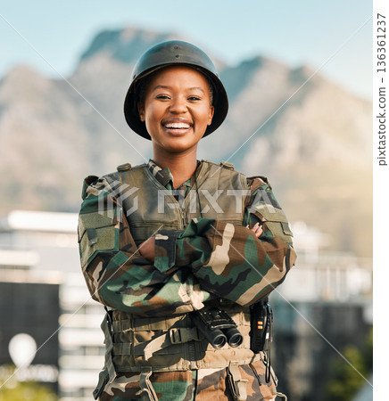 Military, portrait and happy black woman with arms crossed in city for power, confident or smile outdoor. War, security and face of lady warrior proud, hero and ready for army, protection or training 136361237