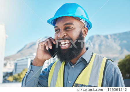 Man, construction and worker with phone call in city for civil engineering, building site and industry. Face of happy african male architect, manager or talking on smartphone for property development 136361242