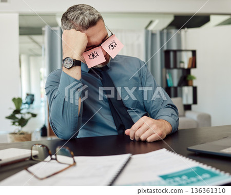 Tired, sticky notes and businessman sleeping in his office with a burnout, exhaustion or overworked. Overtime, rest and professional mature male lawyer taking nap on his lunch break in the workplace. 136361310
