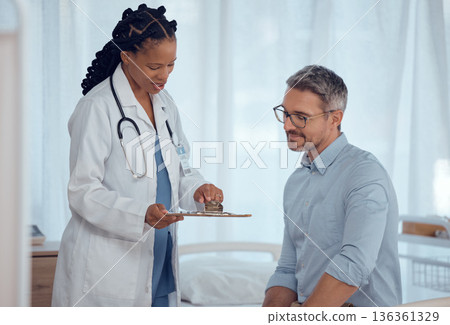 Doctor, patient and people with clipboard results in hospital consultation, medical checkup or healthcare exam diagnosis. Nurse, clinic assessment and professional surgeon show client health test 136361329