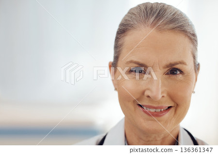 Happy, space and doctor with portrait of woman in hospital for medicine, surgery and future. Healthcare, expert and therapist with face of mature person in clinic for smile, medical and mockup Happy, space and doctor with portrait of woman in hospital for medicine, surgery and future. Healthcare, expert and therapist with face of mature person in clinic for smile, medical and mockup 136361347
