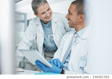 Scientist people, tablet or teamwork in science laboratory for medical research, training or medicine collaboration. Happy mature woman, mentor or technology in healthcare help or genetic engineering Scientist people, tablet or teamwork in science laboratory for medical research, training or medicine collaboration. Happy mature woman, mentor or technology in healthcare help or genetic engineering 136361365