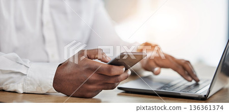 Hands, business and man with a smartphone, laptop and typing to update software, network and connection. Hand of man, employee or consultant with a pc, cellphone and search internet with app analysis Hands, business and man with a smartphone, laptop and typing to update software, network and connection. Hand of man, employee or consultant with a pc, cellphone and search internet with app analysis 136361374