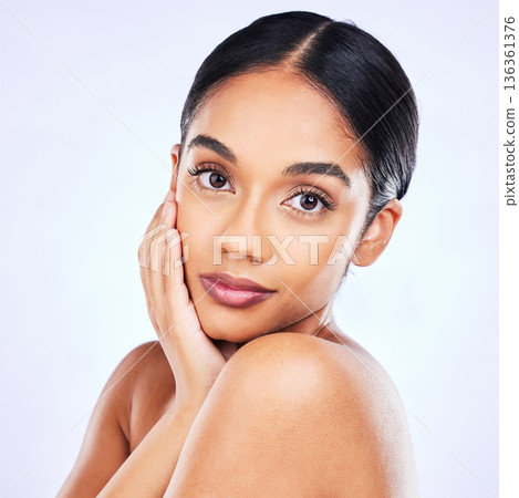 Beauty, makeup and cosmetics with portrait of woman in studio for skincare, glow and self care. Spa treatment, natural and dermatology with face of female model on white background for wellness Beauty, makeup and cosmetics with portrait of woman in studio for skincare, glow and self care. Spa treatment, natural and dermatology with face of female model on white background for wellness 136361376