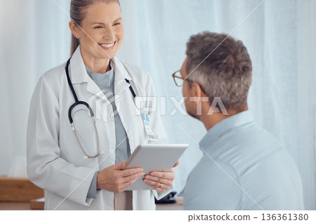 Doctor, patient and tablet test results in hospital speaking, listening or talking about medical problem. Question, happy or nurse in healthcare clinic helping or nursing a sick patient for support 136361380