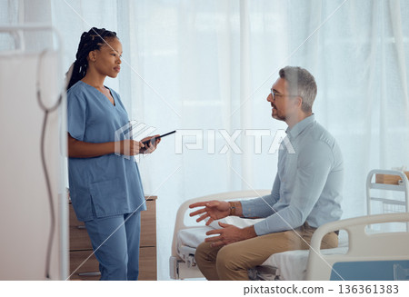 Man, talking or nurse in consultation in hospital speaking, listening or talking about medical problem. Question, explain or doctor in healthcare clinic helping or nursing a sick person for support 136361383