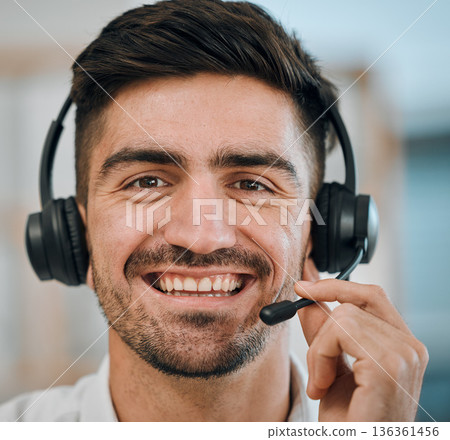 Telemarketing, face and portrait of man, agent or call center for customer service, lead generation or CRM support. Happy salesman, consultant or microphone of telecom help, advisory or FAQ questions Telemarketing, face and portrait of man, agent or call center for customer service, lead generation or CRM support. Happy salesman, consultant or microphone of telecom help, advisory or FAQ questions 136361456