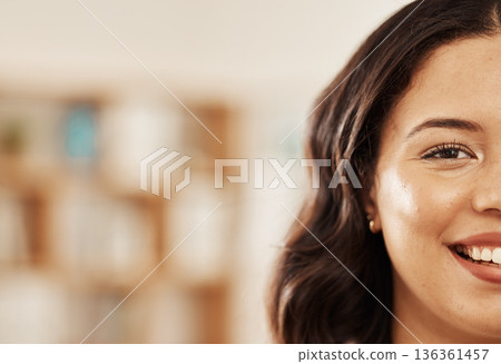Happy, portrait and face of a young woman with a smile, makeup and cosmetics with space. Beauty, half and closeup of a female model person on a blurred background with a positive mindset and wellness Happy, portrait and face of a young woman with a smile, makeup and cosmetics with space. Beauty, half and closeup of a female model person on a blurred background with a positive mindset and wellness 136361457