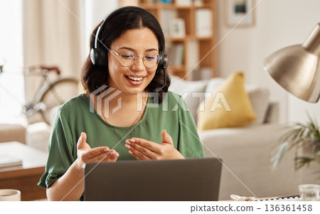 Home customer support, laptop video call and woman smile, talking and explain consultation, ecommerce or networking. Freelance, remote work secretary and person chat on online conference conversation Home customer support, laptop video call and woman smile, talking and explain consultation, ecommerce or networking. Freelance, remote work secretary and person chat on online conference conversation 136361458