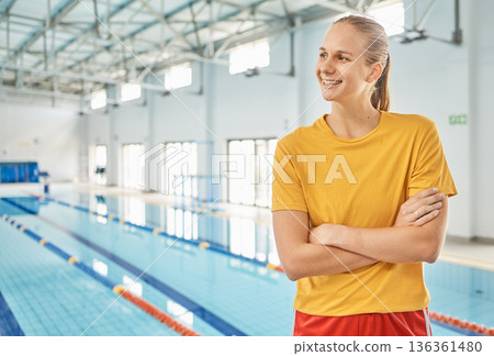 Swimming pool, lifeguard and woman with smile, arms crossed and mockup at water for safety training exercise. Professional sport, workout and swimmer at competition for emergency or first aid support 136361480
