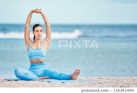 Fitness, yoga and woman stretching by beach with mockup space for wellness, healthy body and energy. Sports, balance and serious female person in nature for exercise, training and workout by sea Fitness, yoga and woman stretching by beach with mockup space for wellness, healthy body and energy. Sports, balance and serious female person in nature for exercise, training and workout by sea 136361494