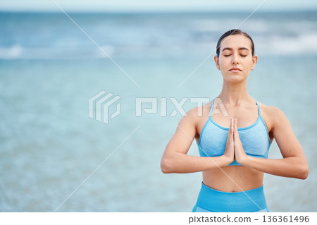 Meditation mockup, yoga and woman by beach with praying hands for wellness and healthy body on space. Fitness, nature and female person with mindfulness for exercise, training and balance by ocean 136361496