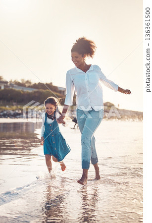 Fun, child and a mother running at the beach on a family vacation, holiday or adventure in summer. Young girl kid holding hands with woman outdoor with fun energy, happiness and love at sunset ocean 136361500