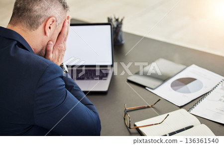 Business man, headache and tired by laptop, report and chart documents with mockup space on screen. Mature CEO, boss or leader with hands on face, paperwork and pc for audit, accounting and fatigue 136361540
