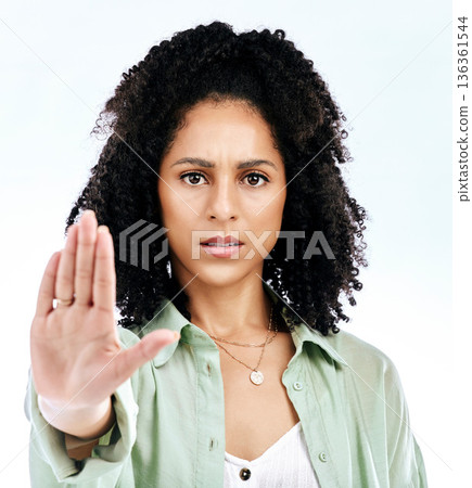 Stop, hand and portrait of woman in studio with warning, sign and threat, limits or no on white background. Protest, palm and face of lady with emoji for forbidden, rejection or defense control vote 136361544