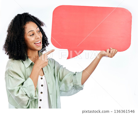 Woman, smile and hand pointing to speech bubble in studio for social media, contact or info on white background. Happy, lady and show poster for voice, feedback or FAQ, forum or conversation quote Woman, smile and hand pointing to speech bubble in studio for social media, contact or info on white background. Happy, lady and show poster for voice, feedback or FAQ, forum or conversation quote 136361546