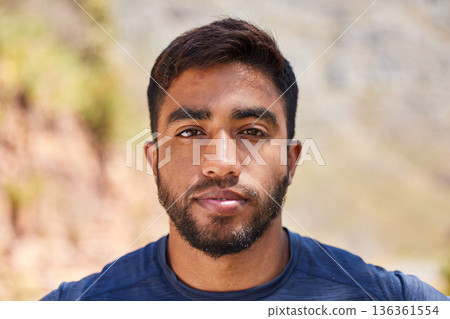 Fitness, man or portrait of runner in training, workout or cardio exercise outdoors on road in summer. Relax, face or healthy Indian male athlete ready to start running with confidence in nature 136361554