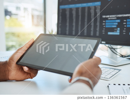 Business, hands and mockup with a tablet, analytics and update software with network, connection and check system. Closeup, technology and computer with internet search, data analysis and programming 136361567