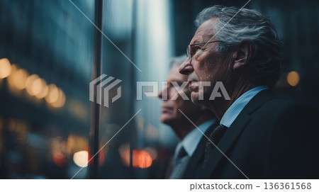 Two senior men in suits reflecting in a city window, urban lights blurred. 136361568
