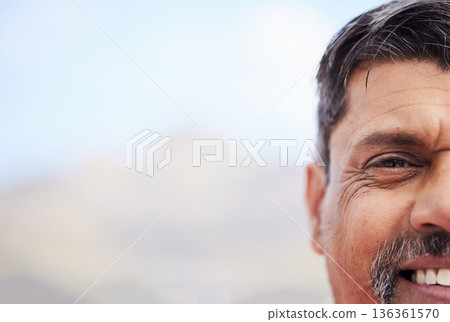 Smile, half portrait and a man in nature with mockup for marketing or maintenance advertising. Happy, face and a mature contractor, worker or builder with bokeh space for construction information Smile, half portrait and a man in nature with mockup for marketing or maintenance advertising. Happy, face and a mature contractor, worker or builder with bokeh space for construction information 136361570
