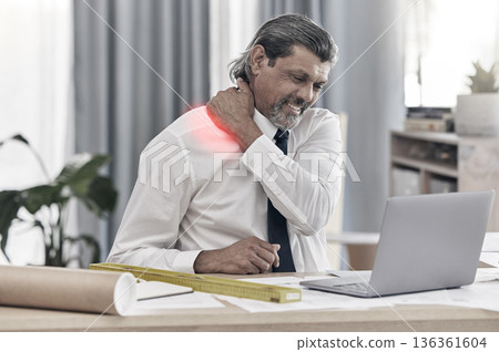 Architect, injury and man with neck pain, stress and accident with health issue, tired and overworked in an office. Fatigue, male person and engineer with body strain, muscle tension and inflammation 136361604