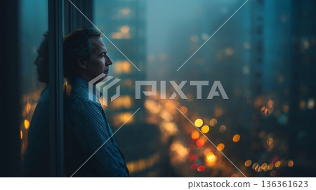 Thoughtful man looks out a window at blurry city lights at night. 136361623