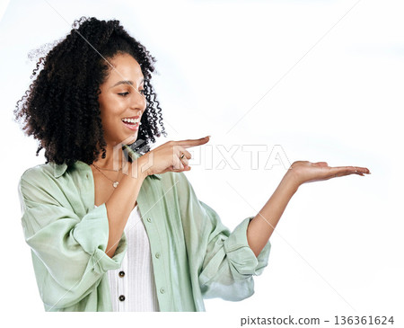 Pointing, announcement or happy woman with sale, retail offer or discount deal isolated in studio. Hand, advertising or excited girl showing mockup space, news or menu promotion on white background 136361624