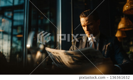 A focused man in a suit reads a newspaper in a stylish indoor setting. 136361632