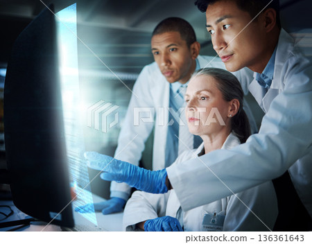 Science, future technology and medical research team at computer with hologram, information and innovation. Scientist, men and woman with holographic info, results or data on screen for collaboration Science, future technology and medical research team at computer with hologram, information and innovation. Scientist, men and woman with holographic info, results or data on screen for collaboration 136361643
