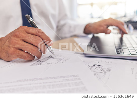 Closeup of hand, paperwork and architect, blueprint and laptop with writing, contractor and building design. Construction documents, architecture and person with floor plan, tech and notes with pen Closeup of hand, paperwork and architect, blueprint and laptop with writing, contractor and building design. Construction documents, architecture and person with floor plan, tech and notes with pen 136361649