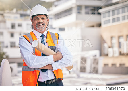 Man, portrait and architecture blueprint for city planning, project management and building construction for outdoor. Builder, contractor or civil engineering of boss or person with floor plan design 136361670