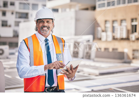 Engineering, man and tablet for solar panels, construction portrait and online blueprint in city or sustainability heating. Digital technology, paperless architecture and senior man for energy saving 136361674