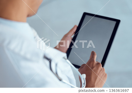 Person hands, doctor and tablet screen for hospital schedule, surgery planning or healthcare mockup. Digital, technology or mock up space for information on medical aid, prescription or test results Person hands, doctor and tablet screen for hospital schedule, surgery planning or healthcare mockup. Digital, technology or mock up space for information on medical aid, prescription or test results 136361697