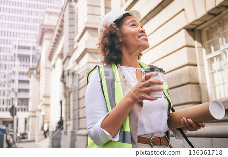 Inspection, city and construction with woman for plan or design of buildings site with coffee. Contractor, working and female architect in town for development with hot beverage for architecture. Inspection, city and construction with woman for plan or design of buildings site with coffee. Contractor, working and female architect in town for development with hot beverage for architecture. 136361718
