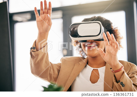 Business woman, office and vr technology for system, metaverse and futuristic cyber media. Happy female worker, user experience and digital world with virtual reality glasses, software and UX project 136361731