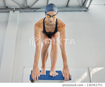 Swimming, sports and woman jump in pool for exercise, training and workout for competition in gym. Fitness, diving and female swimmer on podium block for water sport race, challenge and performance Swimming, sports and woman jump in pool for exercise, training and workout for competition in gym. Fitness, diving and female swimmer on podium block for water sport race, challenge and performance 136361751