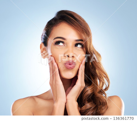 Wellness, hair care or woman thinking of skincare for beauty transformation results on white background. Natural hairstyle, studio idea or girl in facial treatment for healthy glow or dermatology Wellness, hair care or woman thinking of skincare for beauty transformation results on white background. Natural hairstyle, studio idea or girl in facial treatment for healthy glow or dermatology 136361770