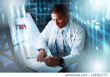 Science, technology and man in research overlay in hologram, futuristic information and innovation. Scientist, thinking and writing notes on holographic data, medical study results or problem solving Science, technology and man in research overlay in hologram, futuristic information and innovation. Scientist, thinking and writing notes on holographic data, medical study results or problem solving 136361777
