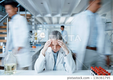 Headache, laboratory scientist or frustrated woman overwhelmed with busy lab, anxiety or depression crisis. Pain, motion blur or senior person stress over science mistake, healthcare risk or migraine Headache, laboratory scientist or frustrated woman overwhelmed with busy lab, anxiety or depression crisis. Pain, motion blur or senior person stress over science mistake, healthcare risk or migraine 136361795
