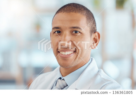 Doctor, portrait and man with smile in office, healthcare and confidence at hospital with trust, support and help. Face of happy medical professional, expert in medicine and career in health care. 136361805