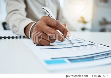 Hand, writing and marriage contract with pen for divorce, process or signature for assets on desk. Man, sign paperwork or document in attorney office for law, legal action or agreement in closeup 136361806