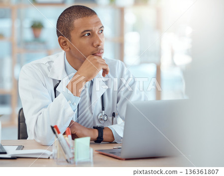 Doctor, man is thinking with healthcare and medical problem solving with research on laptop. Male physician in office at hospital, mindset with solution and idea on health, surgeon and treatment plan Doctor, man is thinking with healthcare and medical problem solving with research on laptop. Male physician in office at hospital, mindset with solution and idea on health, surgeon and treatment plan 136361807